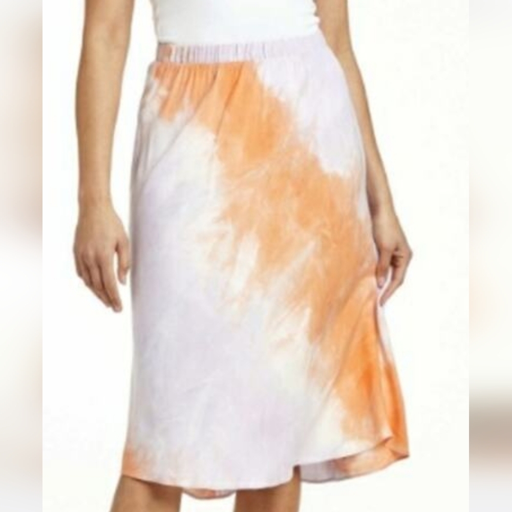 NWT Drew Carter Tie-Dye Multi Tangerine Stretch Curved Hem‎ Pull-On Midi Skirt